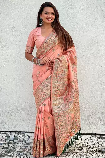 Peach ethnic motifs woven design zari pashmina saree with unstitched blouse piece
