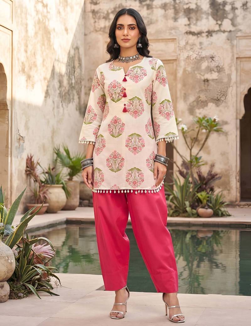 Off white & pink printed co-ord set for women