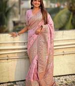 Lavender ethnic motifs woven design pashmina silk kashmiri work saree