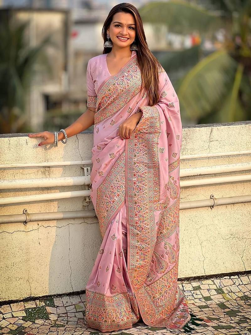 Lavender ethnic motifs woven design pashmina silk kashmiri work saree