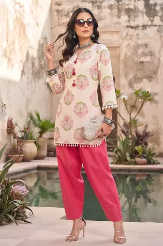 Off white & pink printed co-ord set for women