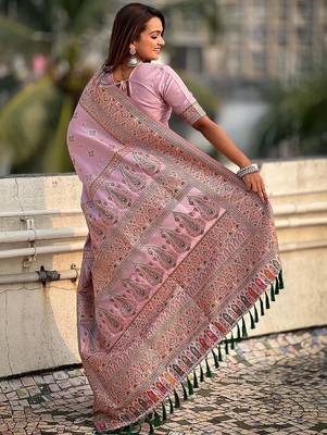Lavender ethnic motifs woven design pashmina silk kashmiri work saree 3