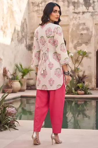 Off white & pink printed co-ord set for women