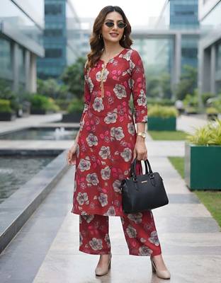 Red printed co-ord set for women 1