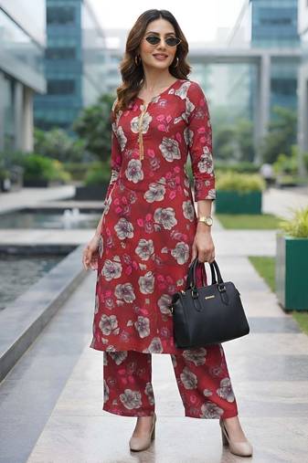 Red printed co-ord set for women