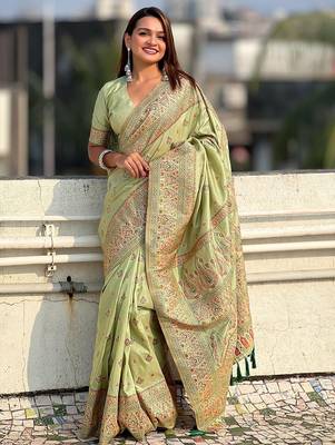 Green woven design pashmina saree with unstitched blouse piece 2