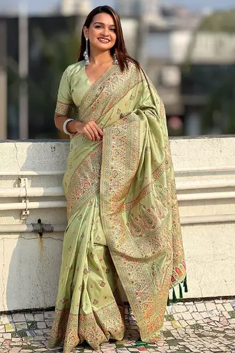 Green woven design pashmina saree with unstitched blouse piece