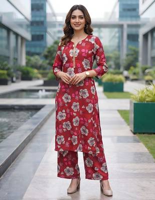 Red printed co-ord set for women 3