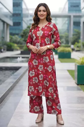 Red printed co-ord set for women
