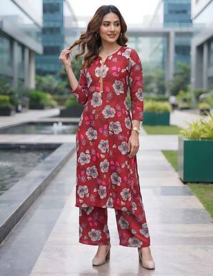 Red printed co-ord set for women 4