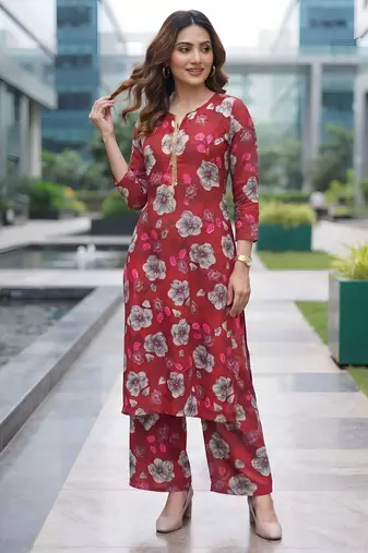 Red printed co-ord set for women