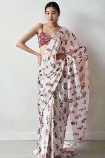 White floral silk blend saree