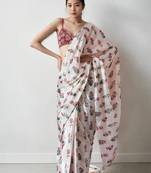 White floral silk blend saree