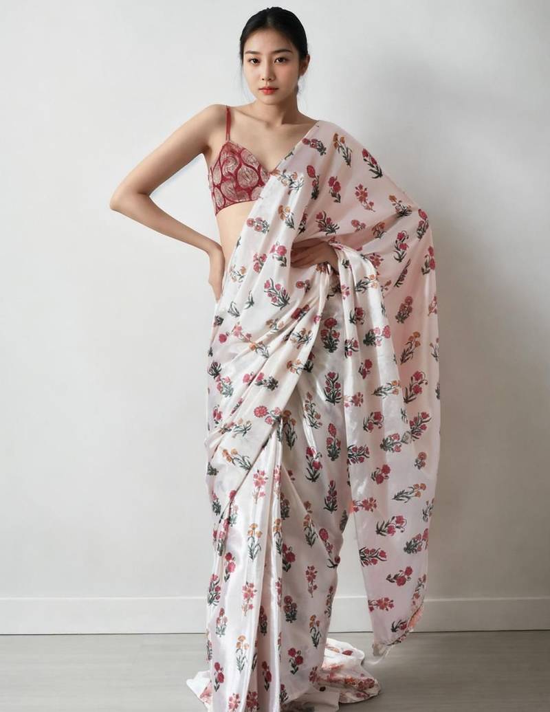White floral silk blend saree