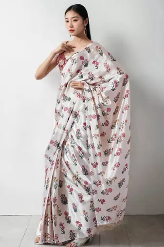 White floral silk blend saree