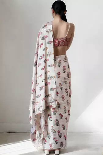 White floral silk blend saree