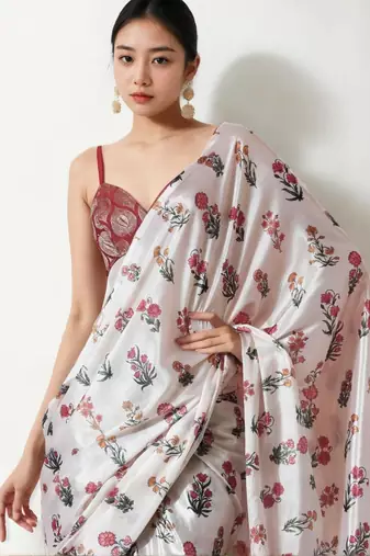 White floral silk blend saree
