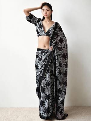 Black floral silk blend saree 1