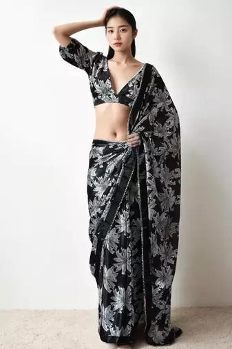 Black floral silk blend saree