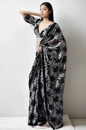Black floral silk blend saree