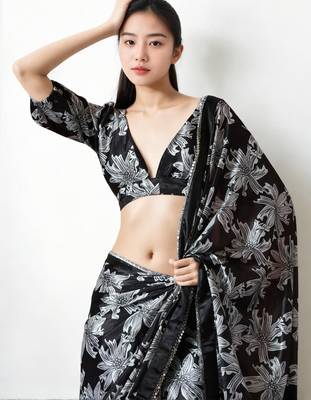 Black floral silk blend saree 4
