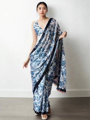 White floral silk blend saree 1