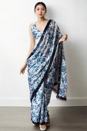 White floral silk blend saree