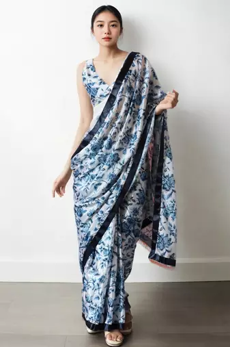 White floral silk blend saree