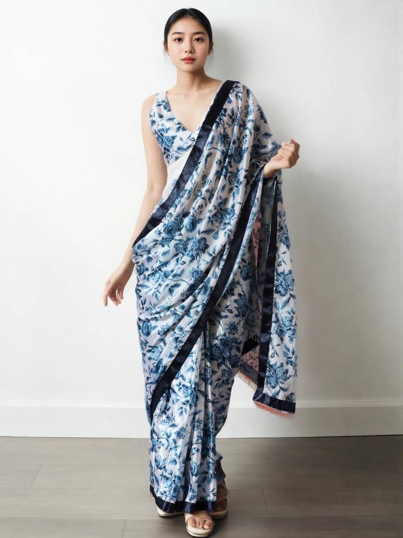 White floral silk blend saree