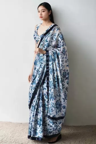 White floral silk blend saree
