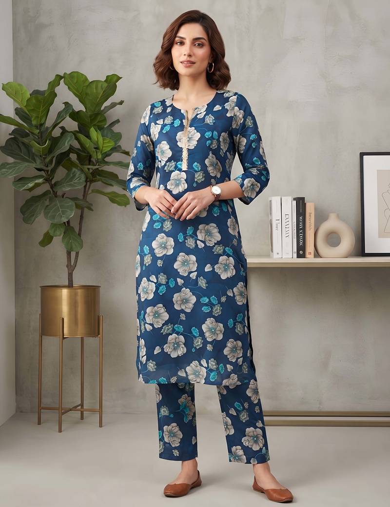 Blue printed co-ord set for women