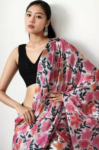 Magenta floral printed saree with matching blouse piece