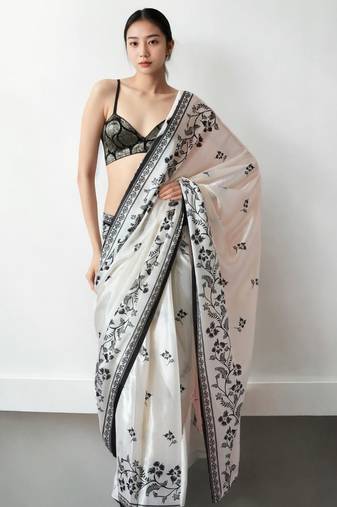 White floral silk blend saree