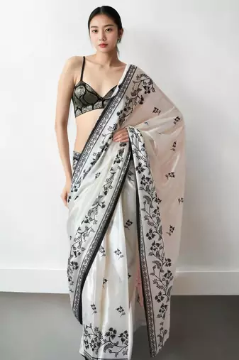 White floral silk blend saree