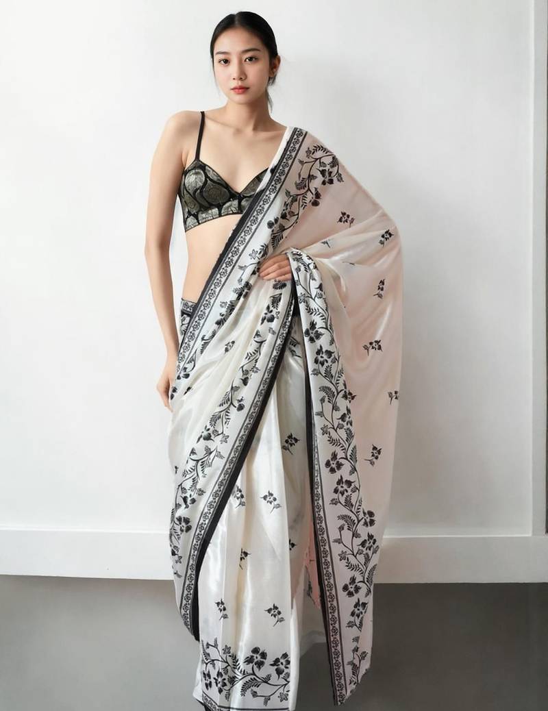 White floral silk blend saree