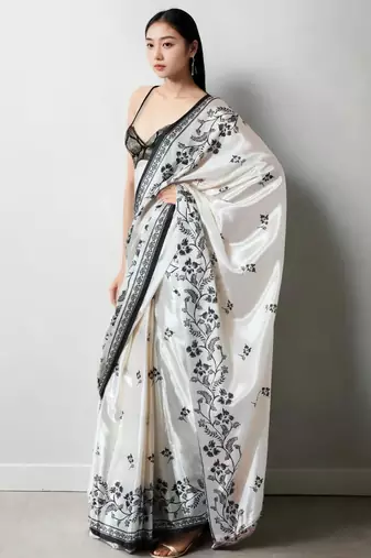 White floral silk blend saree
