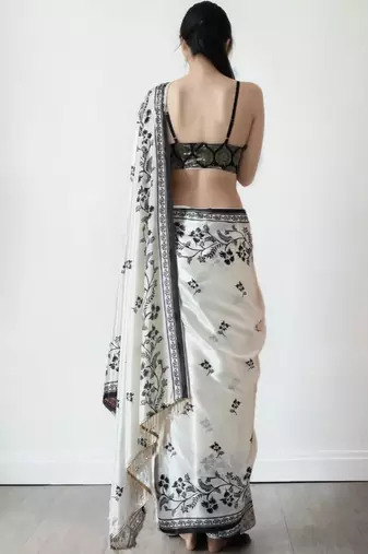 White floral silk blend saree