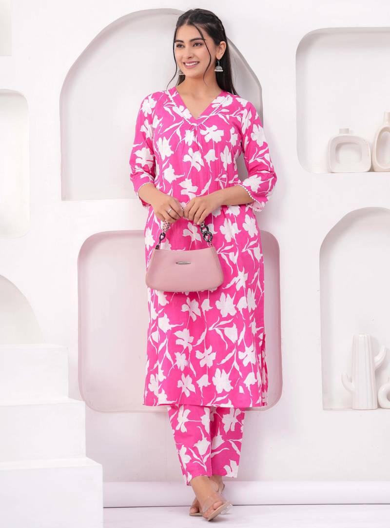 Pink printed cotton co-ord set for women