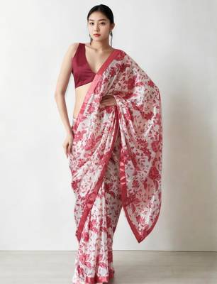 White floral silk blend saree 1