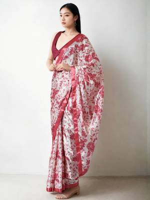 White floral silk blend saree 2