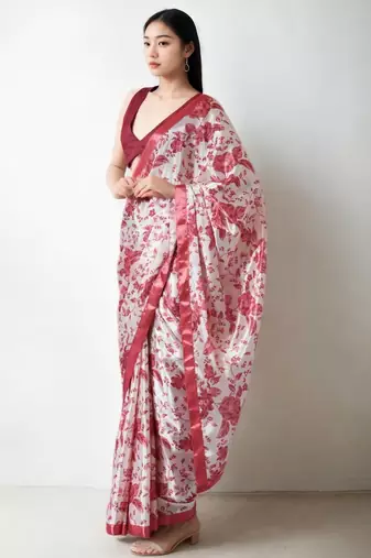 White floral silk blend saree