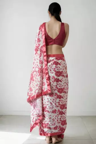 White floral silk blend saree