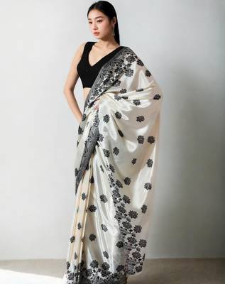 Cream floral silk blend saree 1