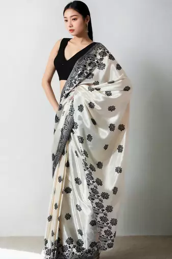 Cream floral silk blend saree