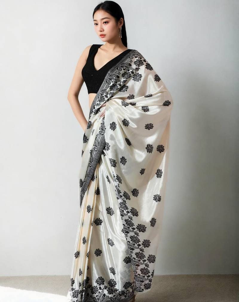 Cream floral silk blend saree