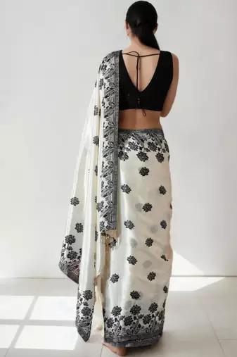 Cream floral silk blend saree