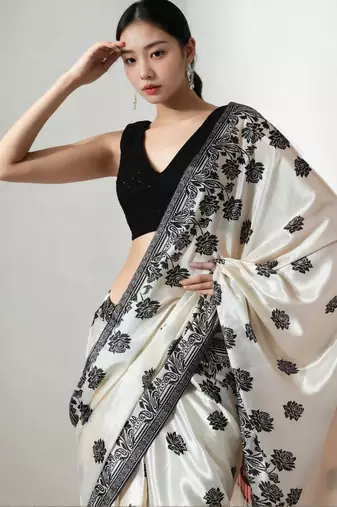 Cream floral silk blend saree