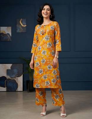 Orange printed co-ord set for women 2