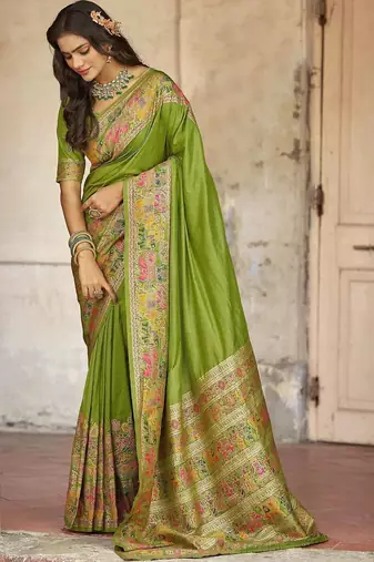 Green embellished zari saree