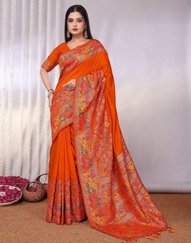 Orange embellished zari saree